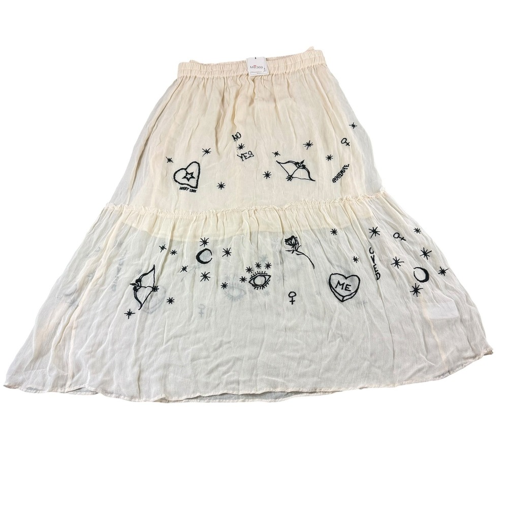 Me369 Midi Skirt Embroidered Celestial Tattoo Cream XS-S Doodle NEW Vacation